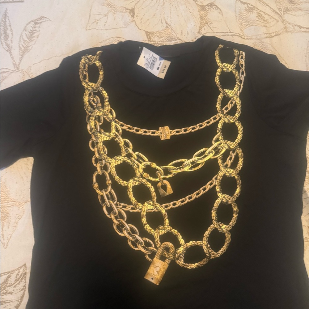 Ashley Stewart Black Tee with Gold Chain Print